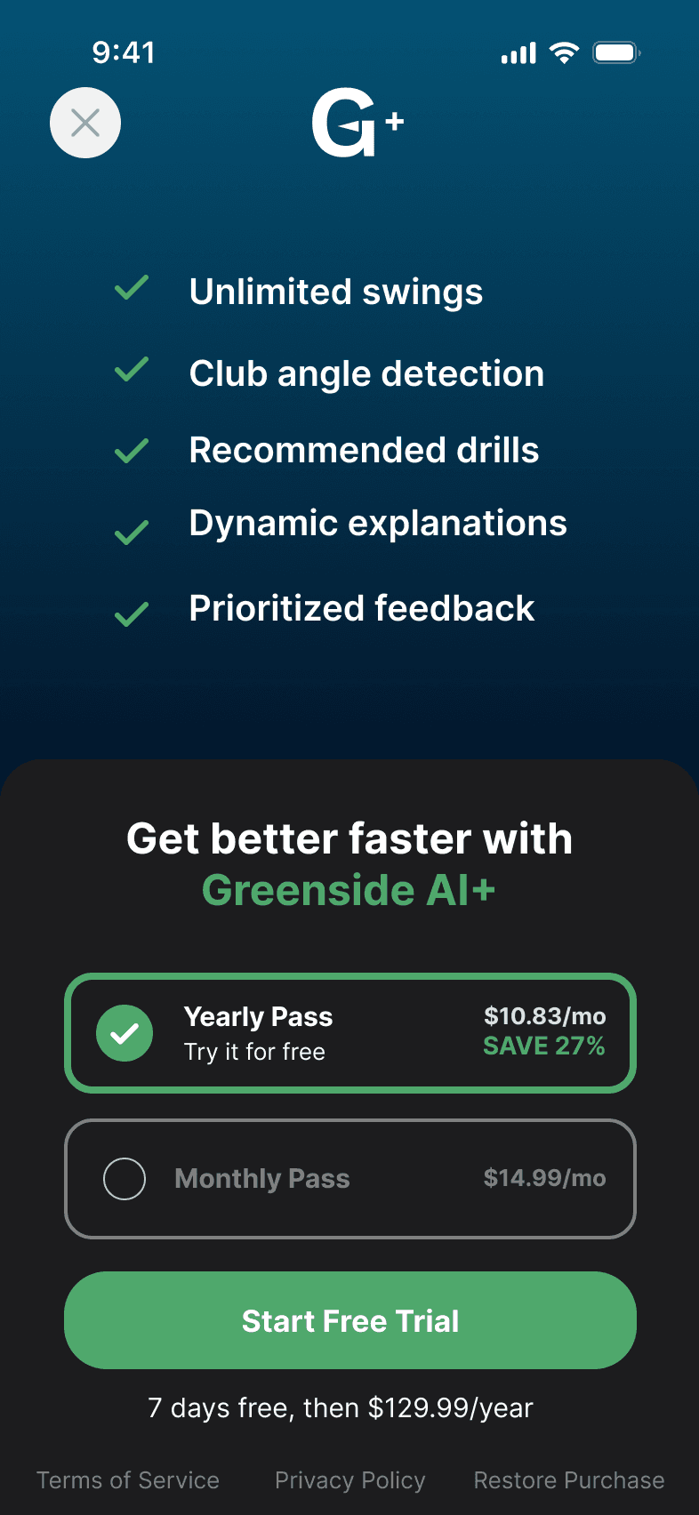 Greenside AI app home and swing overview