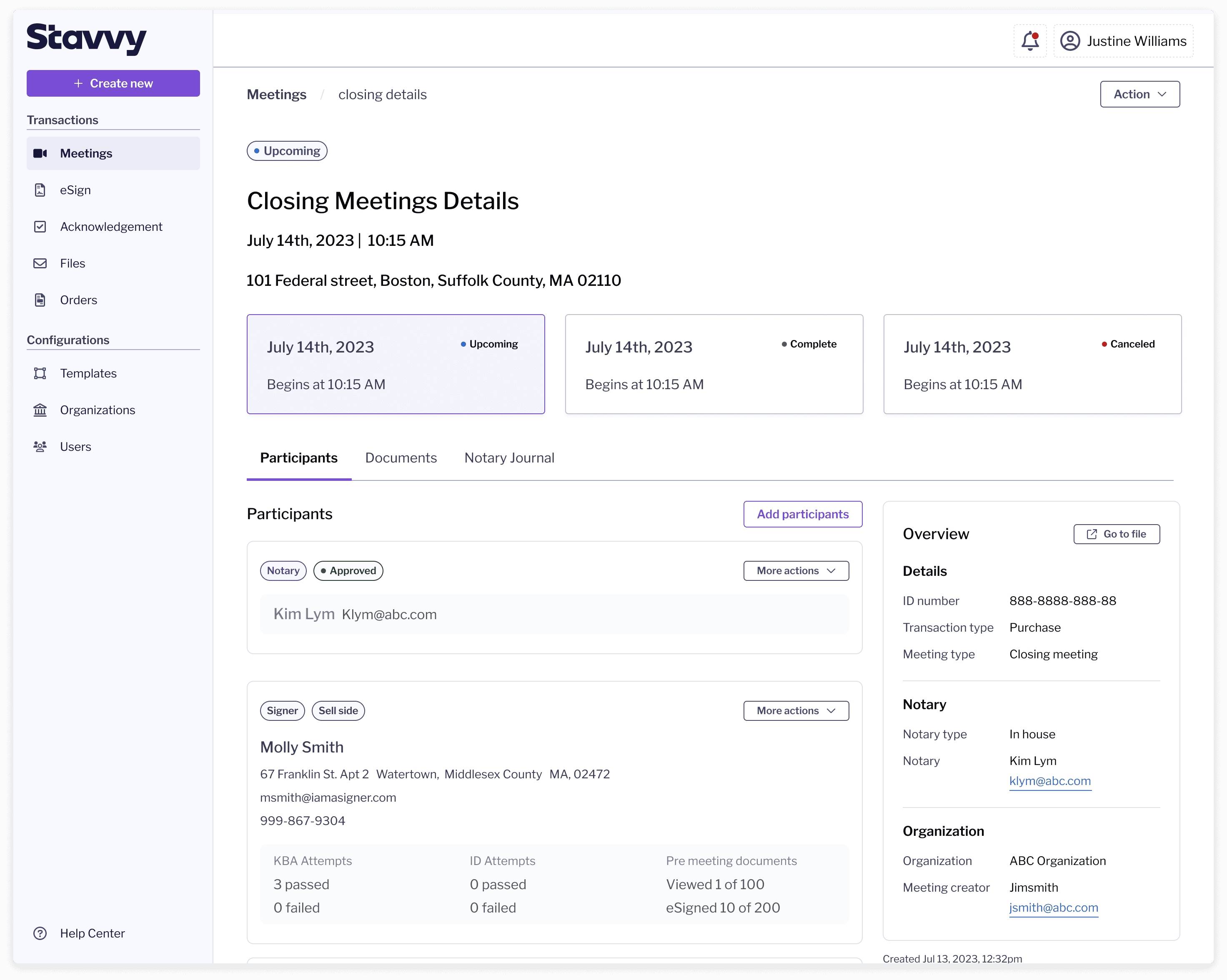 Stavvy platform: meeting details and file management interface